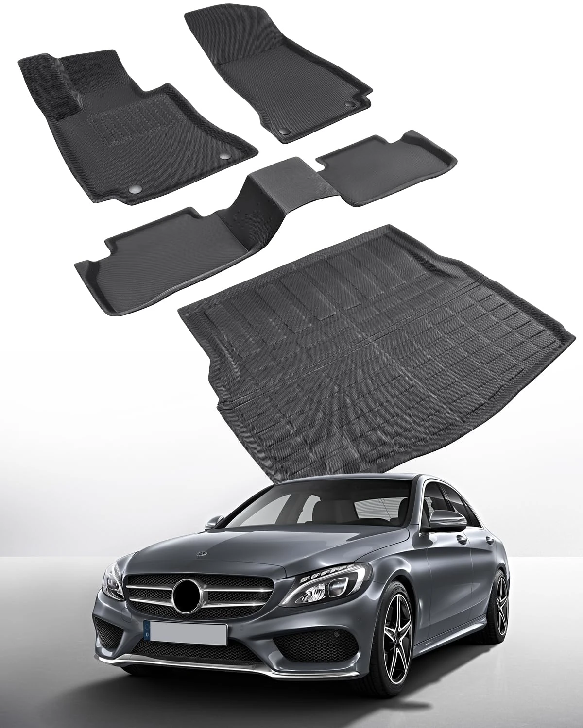 hokhik Custom Floor Mats for Mercedes-Benz C-Class 2015-2021, All-Weather XPE Floor Liners, 1st & 2nd Row & Cargo Mat, Black