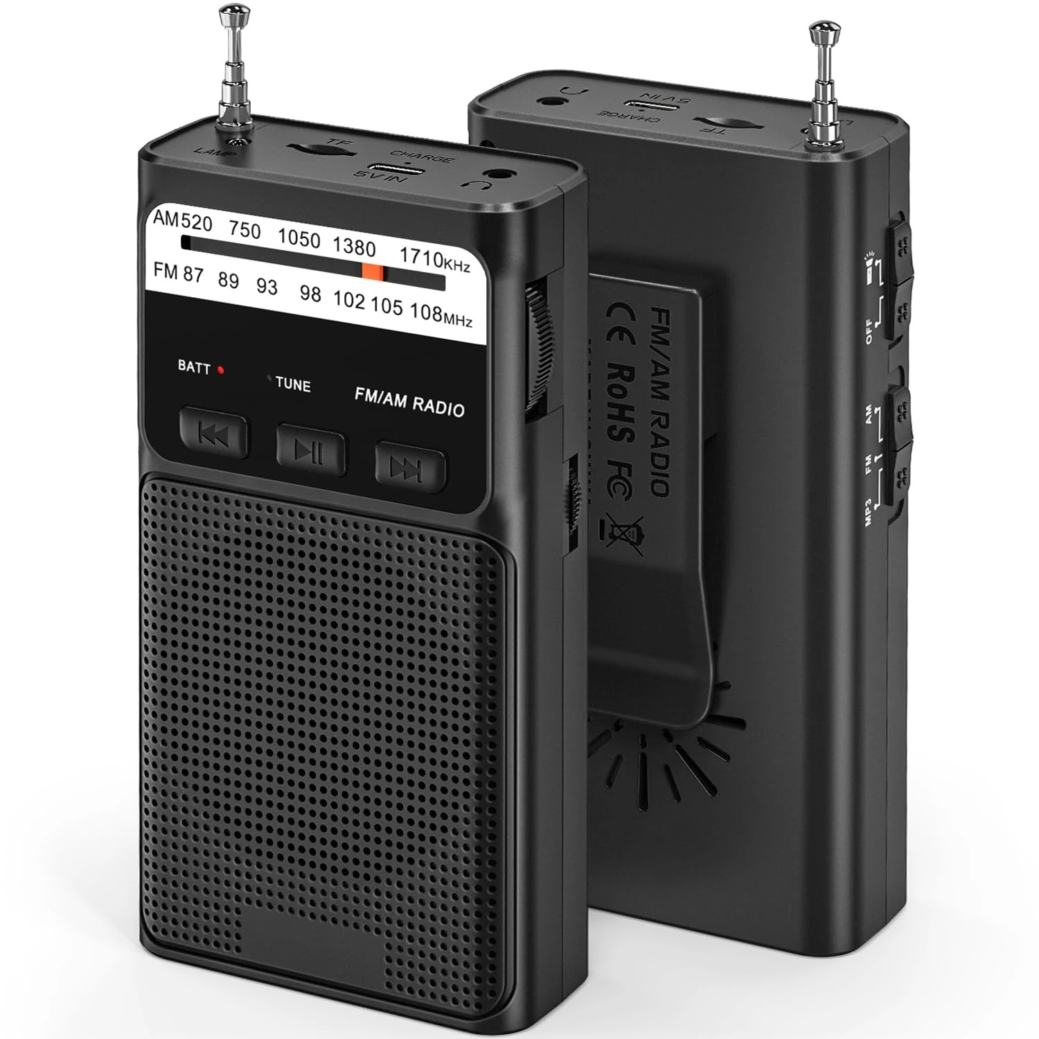 Tendak Small Portable Radio, AM FM Pocket Radio with 1200mAh Rechargeable Battery, Transistor Radio with Excellent Receiving and Sound Quality, Battery Radio with Back Clip/Flashlight/Headphone Jack