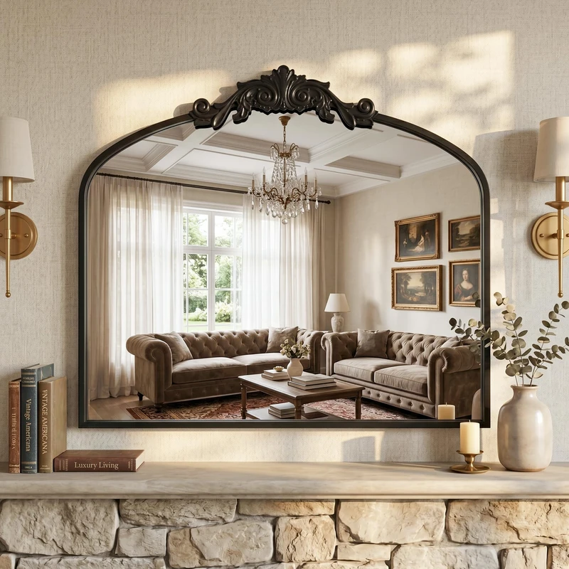 LadyNow Arched Wall Mirror, Vintage Carved Bathroom Mirror 30" x 36" Black Antique Metal Frame Wall Mirror for Bedroom, Living Room, Entryway, Fireplace, Hallway