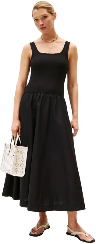 Tommy Hilfiger Women’s Rib Mix Fit & Flare Midi Dress, Black (Black), S