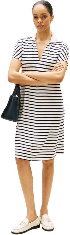 Tommy Hilfiger Women's Short Sleeve Lyocell Tipping Polo Dress, Multicolor (Breton/ECU/Dark Night Navy), L