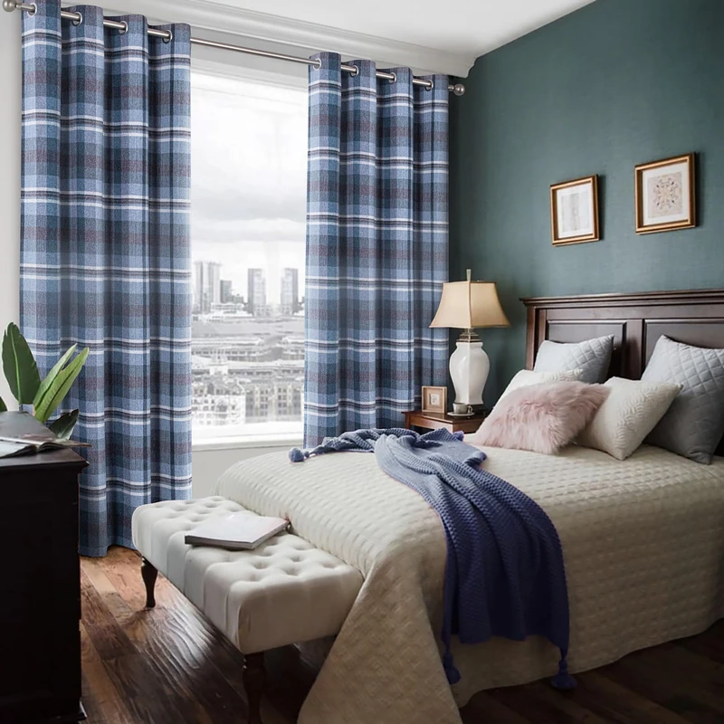 always4u Woolen Look Check Curtains 100% Blackout Highland Tartan Curtain for Living Room Bedroom Grommet Lined Window Drapes 2 Panels Navy Blue 54 * 63 Inches