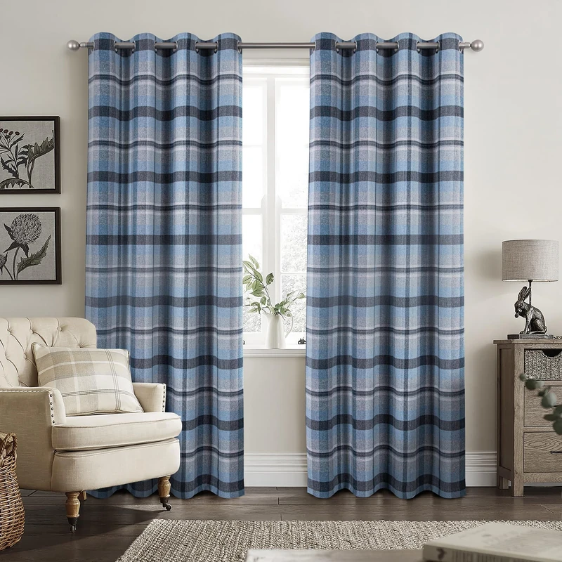 always4u Woolen Look Check Curtains 100% Blackout Highland Tartan Curtain for Living Room Bedroom Grommet Lined Window Drapes 2 Panels Light Blue 54 * 63 Inches