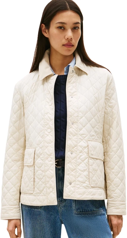 Tommy Hilfiger Women’s Nylon Slim Quilted Jacket with Pointed Collar, Off-White (Newsprint), XS