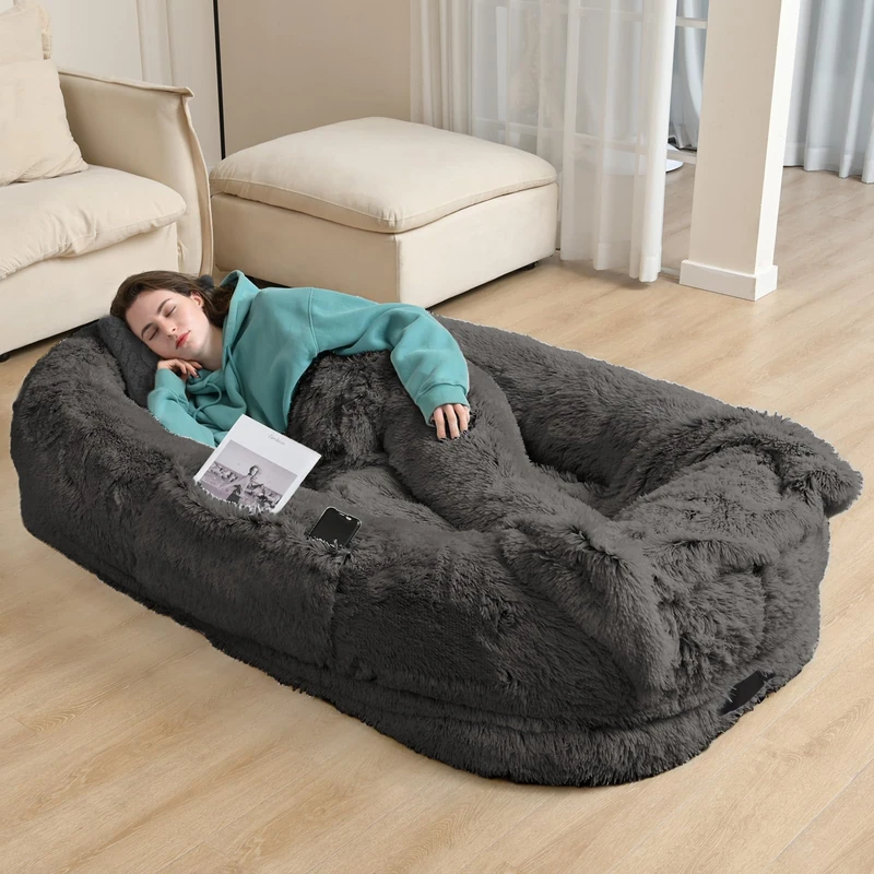 YAEM Human Dog Bed, 71"x45"x12" Calming Giant Human Size Dog Bed for Adults, Washable Faux Fur Orthopedic Napping Pet Beds with Non-Slip Bottom, Dark Grey