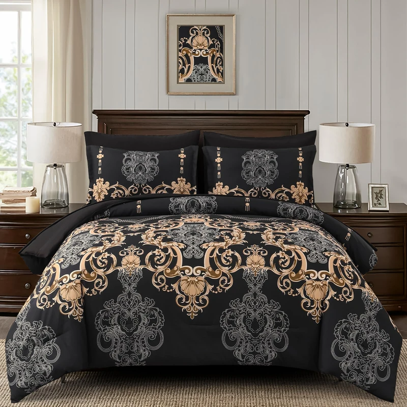 Mybedsoul 7 Pieces Black Comforter Set King Size, Gold Damask Bed in a Bag for King Bed, Lightweight Microfiber Boho Bedding Sets with Comforter, Sheet, Pillowcases & Shams for All Season(90"x104")
