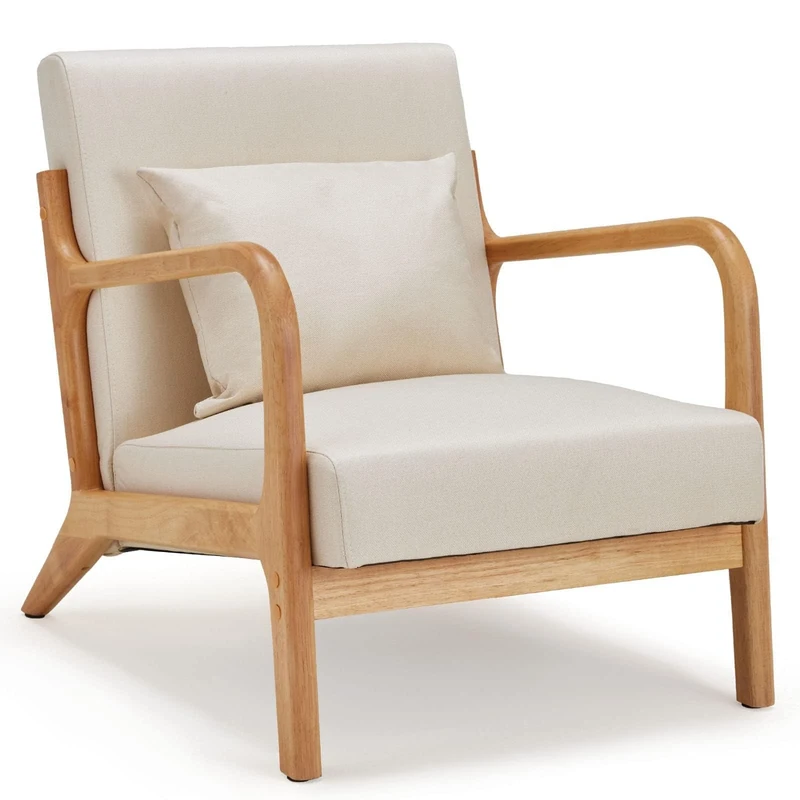 YODOLLA Accent Armchair Living Room, Mid-century Solid Wood Frame & Plush Beige Upholstery Lounge Chairs Modern Tub Reading Chair for Bedroom, Beige Cushion