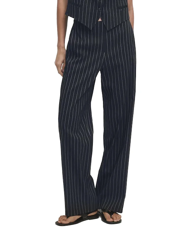 YEXPINE Women's Straight Leg Pinstripe Trousers High Waist Office Business Pants Casual Striped Dressy Pants with Pockets, Black, XL