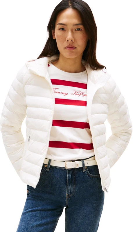 Tommy Hilfiger Women’s Hooded Down Jacket with Zip, White (Ivory Silk), XXL