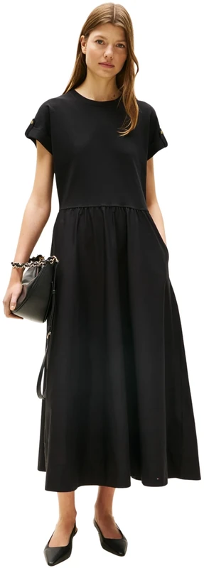 Tommy Hilfiger Women’s Modern Cody Mix Fit & Flare Midi T-Shirt Dress, Black (Black), XS