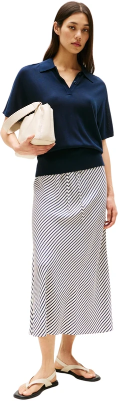 Tommy Hilfiger Women’s Bias Cut Twill Midi Skirt with Tie Waist, Multicolor (Textured STP/Dark Night Navy), 18