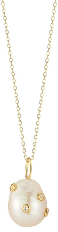 MATEO New York, 14kt Scattered Diamond Bezel Baroque Pearl Necklace, OS, White