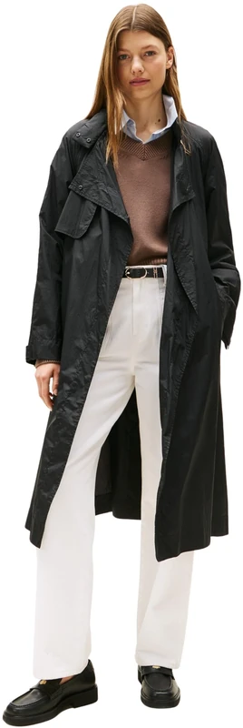 Tommy Hilfiger Women’s Nylon Packable Windbreaker Trench Coat, Black (Black), M