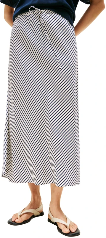 Tommy Hilfiger Women’s Bias Cut Twill Midi Skirt with Tie Waist, Multicolor (Textured STP/Dark Night Navy), 16