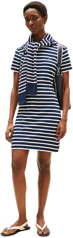 Tommy Hilfiger Women's New Cody Slim Short Cotton Dress, Multicolor (Breton/Dark Night Navy/ECU), L