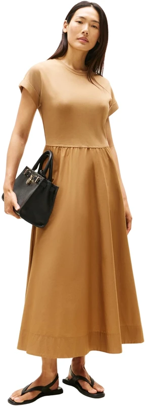 Tommy Hilfiger Women’s Modern Cody Mix Fit & Flare Midi T-Shirt Dress, Brown (Hickory), XXS