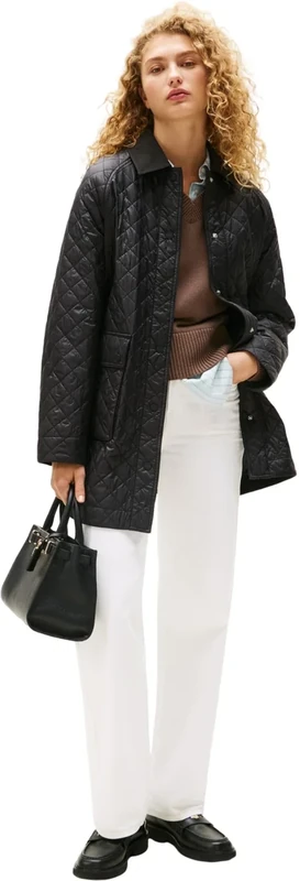 Tommy Hilfiger Women’s Nylon Long Quilted Jacket, Black (Black), XS