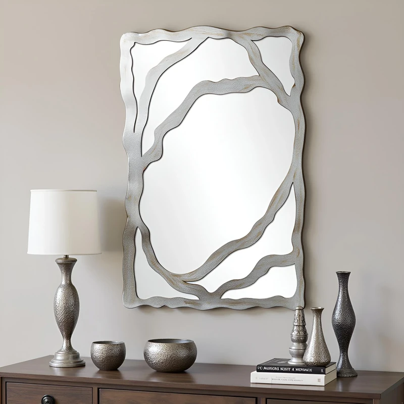 SHYFOY Irregular Wall Mirror, 39x26 Rustic Decorative Mirror with Metal Frame Large Farmhouse Wall Mirror Asymmetrical Accent Mirror for Bedroom Living Room Entryway