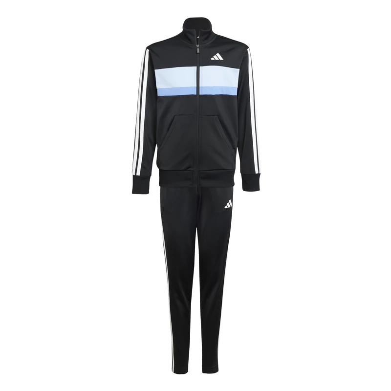 adidas Unisex Kids SEASONAL ESSENTIALS TIBERIO 3 STRIPES TRICOT TRACKSUIT, black/glow blue/blue fusion/white, 7-8 Years