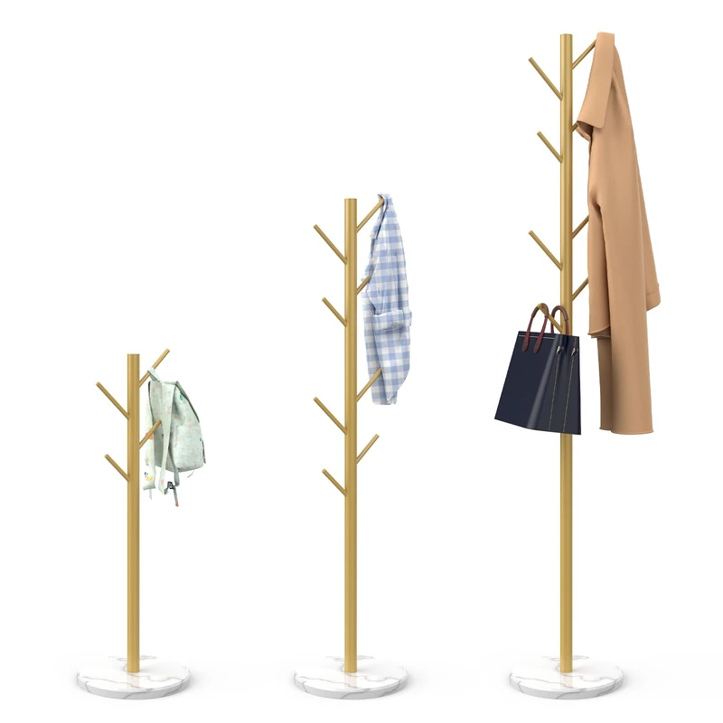 Durmmur Heavy Duty Coat Rack with Natural Marble Base, Freestanding Metal Coat Stand with 8 Hooks, Modern Stable Coat Hanger Tree for Bags, Jacket, Clothes, and Hats, Gold Metal - Image 1