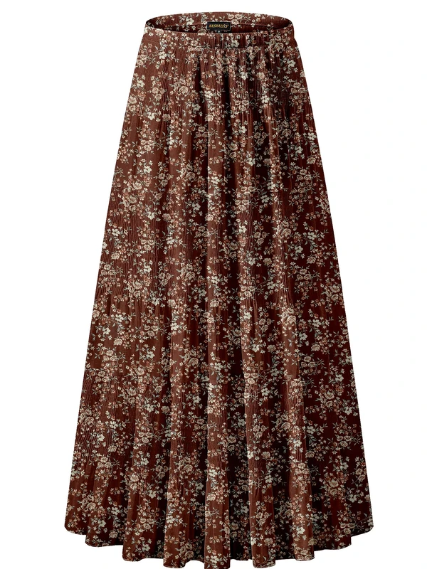 NASHALYLY Women's Chiffon Elastic High Waist Pleated A-Line Flared Maxi Skirts, Brown Floral, XL