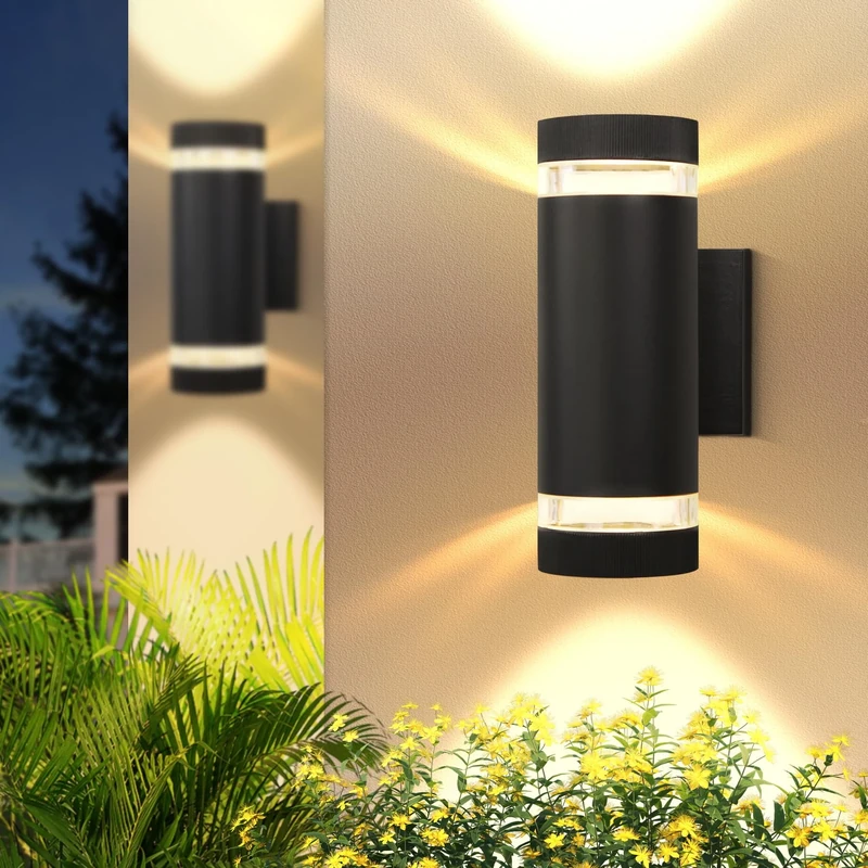 YICALE Outdoor Wall Lights Mains Powered 2PCS,LED Up Down Outside Light 3000K IP65 Waterproof Front Door Light,Aluminium Porch Lights Outdoor,GU10 Round External Wall Lamp for Patio,Garden,Terrace