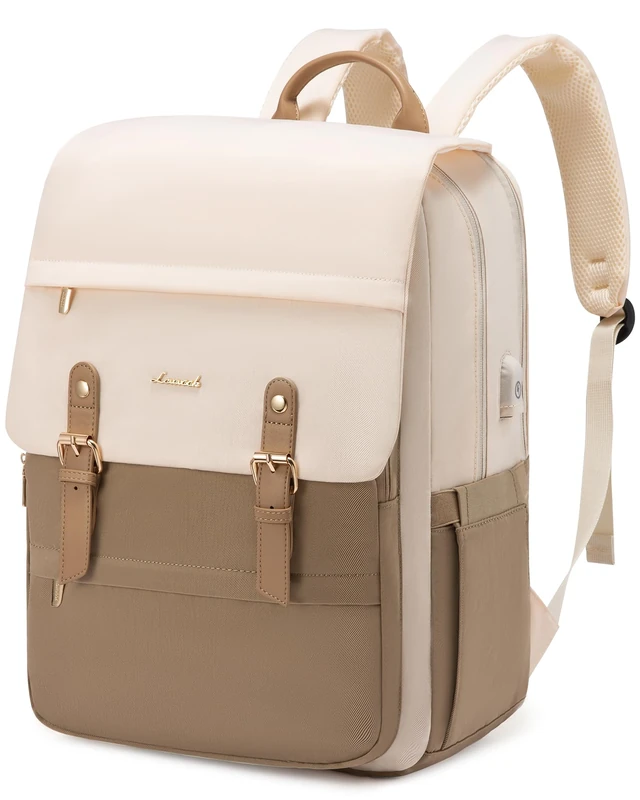 LOVEVOOK Laptop Backpack Women 15.6 inch, Vintage Rucksack Bag for Ladies, Fashion School Bags with USB Charging Port, Casual Work Daypacks for University Teacher College Travel, Beige Khaki