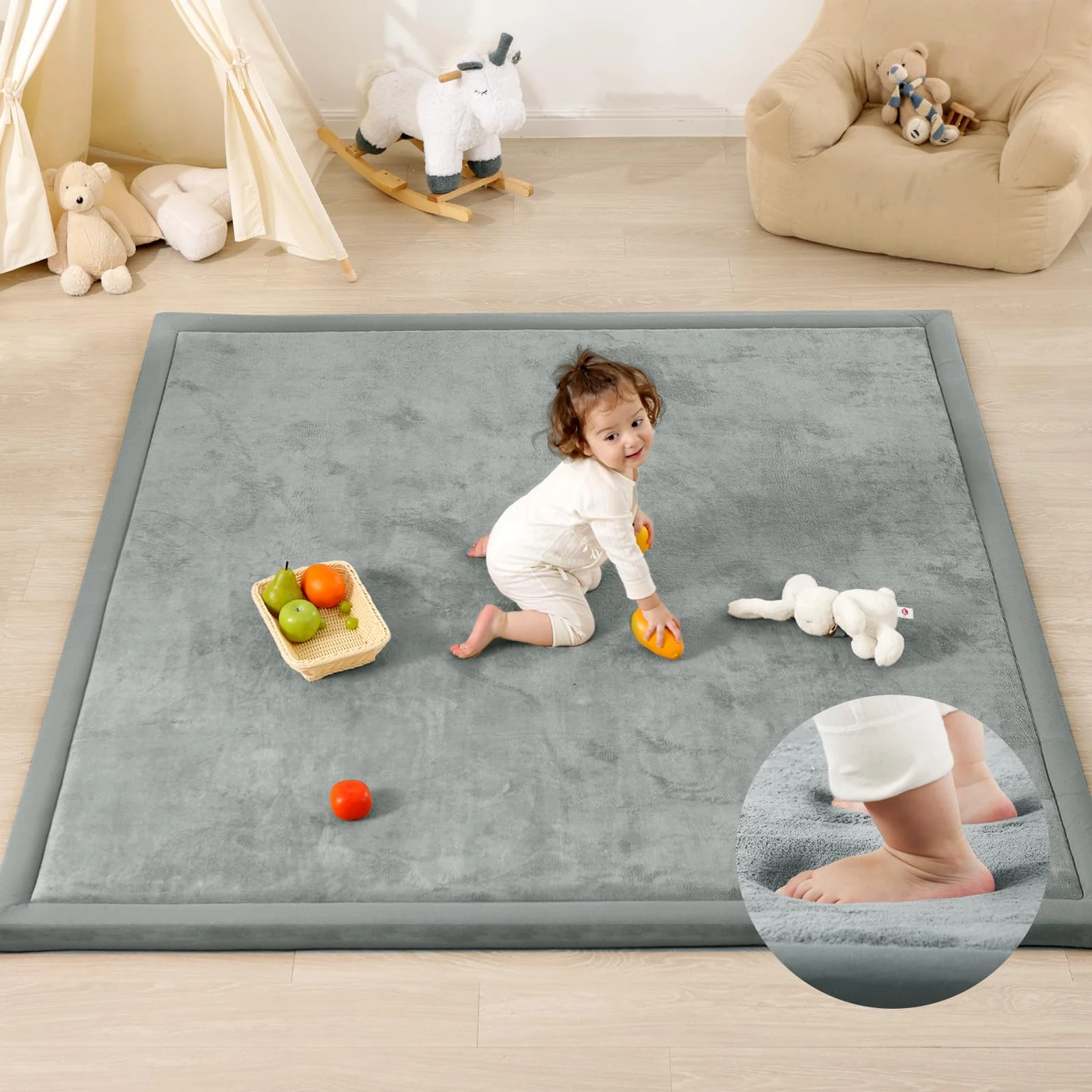 PaPaMat 1.3" Thick Baby Play Mat for Floor, 79x118 Large Foam Tummy Time Mat, Padded Support Soft Plush Nursery Rug for Infant Kids Toddler Crawling Kick Activity (Light Grey)