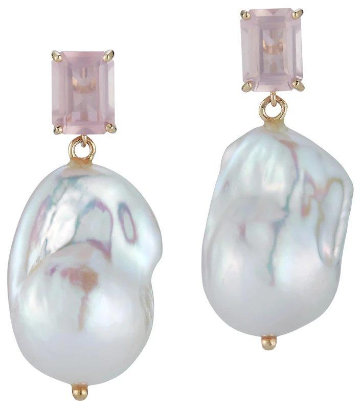 14kt Rose Quartz and Baroque Pearl Drop Earrings, OS