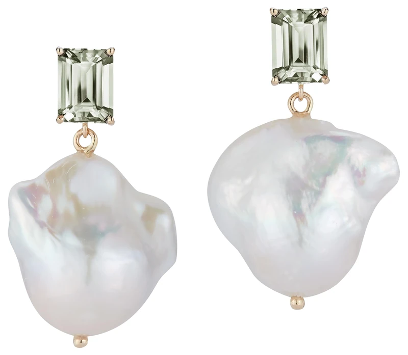 Mateo New York, 14kt Green Amethyst And Baroque Pearl Drop Earrings, OS