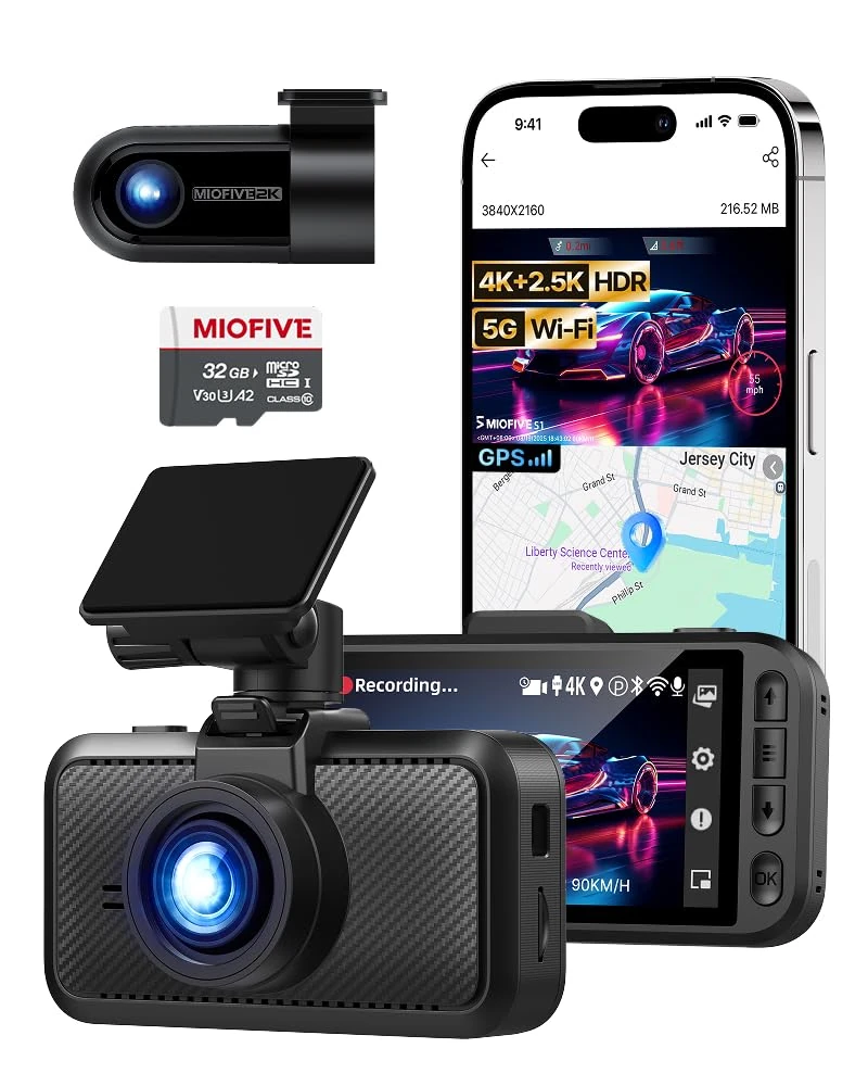 Miofive Dash Cam Front & Rear Dual Channel – Front 4K UHD + Rear 2.5K, Built-in GPS & 5GHz WiFi, 3.0″ IPS Screen, HDR & Night Vision, G-Sensor, 24-Hour Parking Mode, 32 GB Card Included