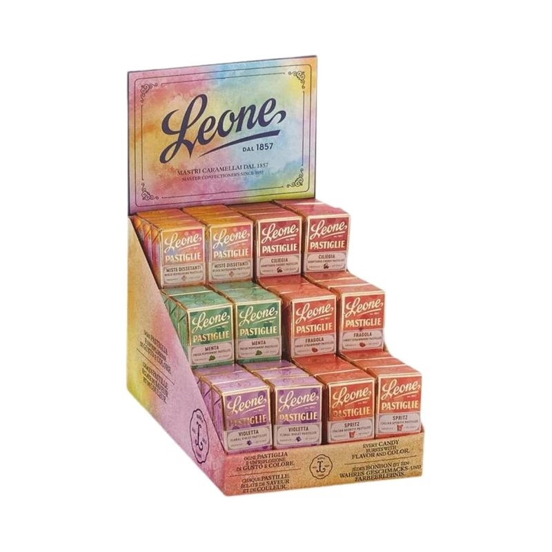 LEONE DISPLAY 6 FLAVOURS Hard Candy Assorted Tablets with Violetta Leone Expo 36 Pieces 27 g