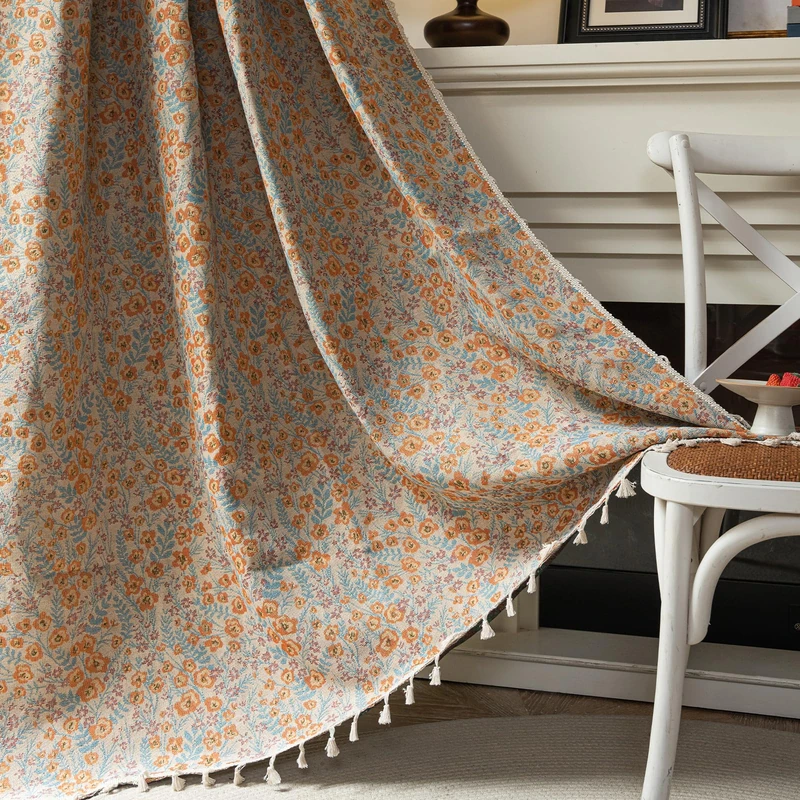 ENJOYBRIDAL Orange Floral Curtains 63 Inch Length Boho Light Filtering Drapes Short Vintage Jacquard Rod Pocket Window Curtains Semi Sheer Bedroom Living Room Tassel 2 Panels Set Window Treatments