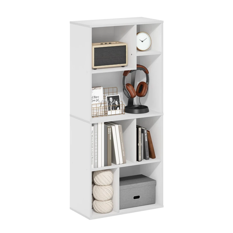 Furinno DALY Book Shelf, 7-Cube Bookshelf, Cube Storage Organizer Bookcase with Irregular Compartments, 24.1 x 48.0 x 106.9 cm, for Living Room, Bedroom, Home Office, White
