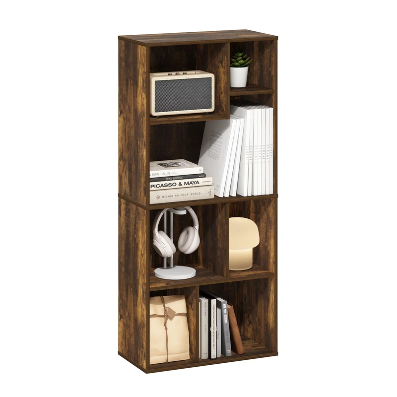 Furinno DALY Book Shelf, 7-Cube Bookshelf, Cube Storage Organizer Bookcase with Irregular Compartments, 24.1 x 48.0 x 106.9 cm, for Living Room, Bedroom, Home Office, Amber Pine