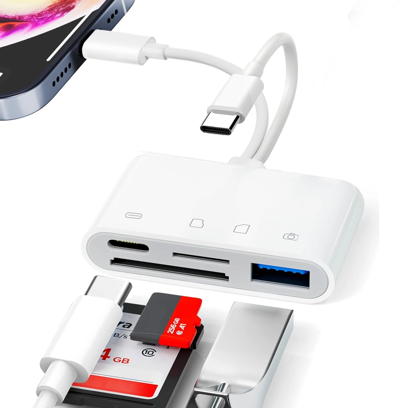 [Apple MFi Certified] SD Card Reader for iPhone iPad, 4 in 2 Lightning SD Card Reader with SD/MicroSD/USB3.0/Charging 4 Slots, USB C Camera Card Reader for iPhone16 15/iPad/Mac/Android Phones/Camera