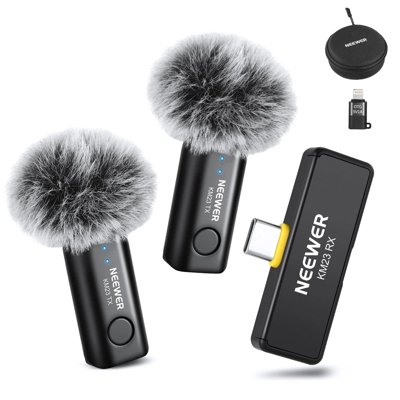 NEEWER Lavalier Wireless Microphone System, 1x USB C Receiver with OTG Adapter & 2x Noise Cancelling Omnidirectional Condenser Transmitter Compatible with iPhone 16 Pro Max S24 Ultra, KM23