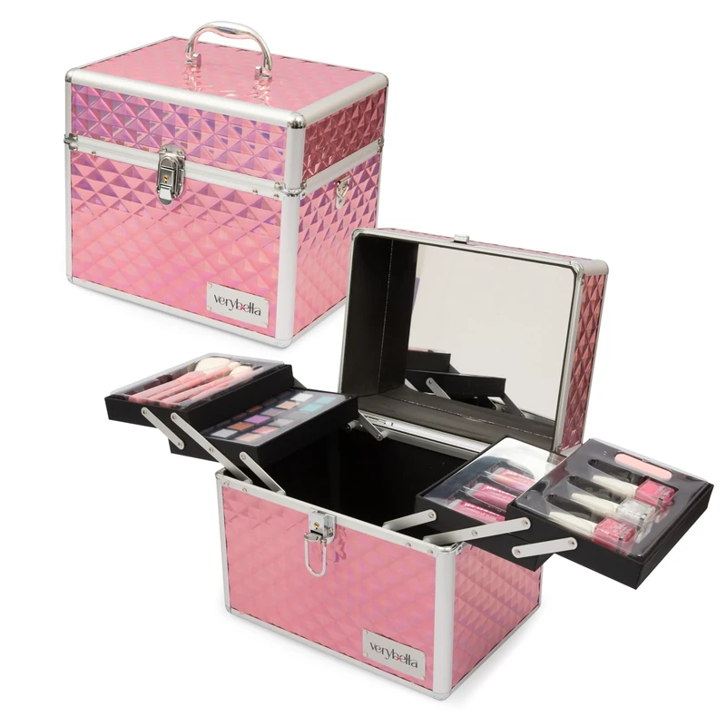 Verybella Make-up case with shoulder strap and handle, 31 x 22.5 x 27 cm, with 4 trays on two levels, mirror, 4 make-up brushes, 1 palette 18 eyeshadow, 4 shiny lips