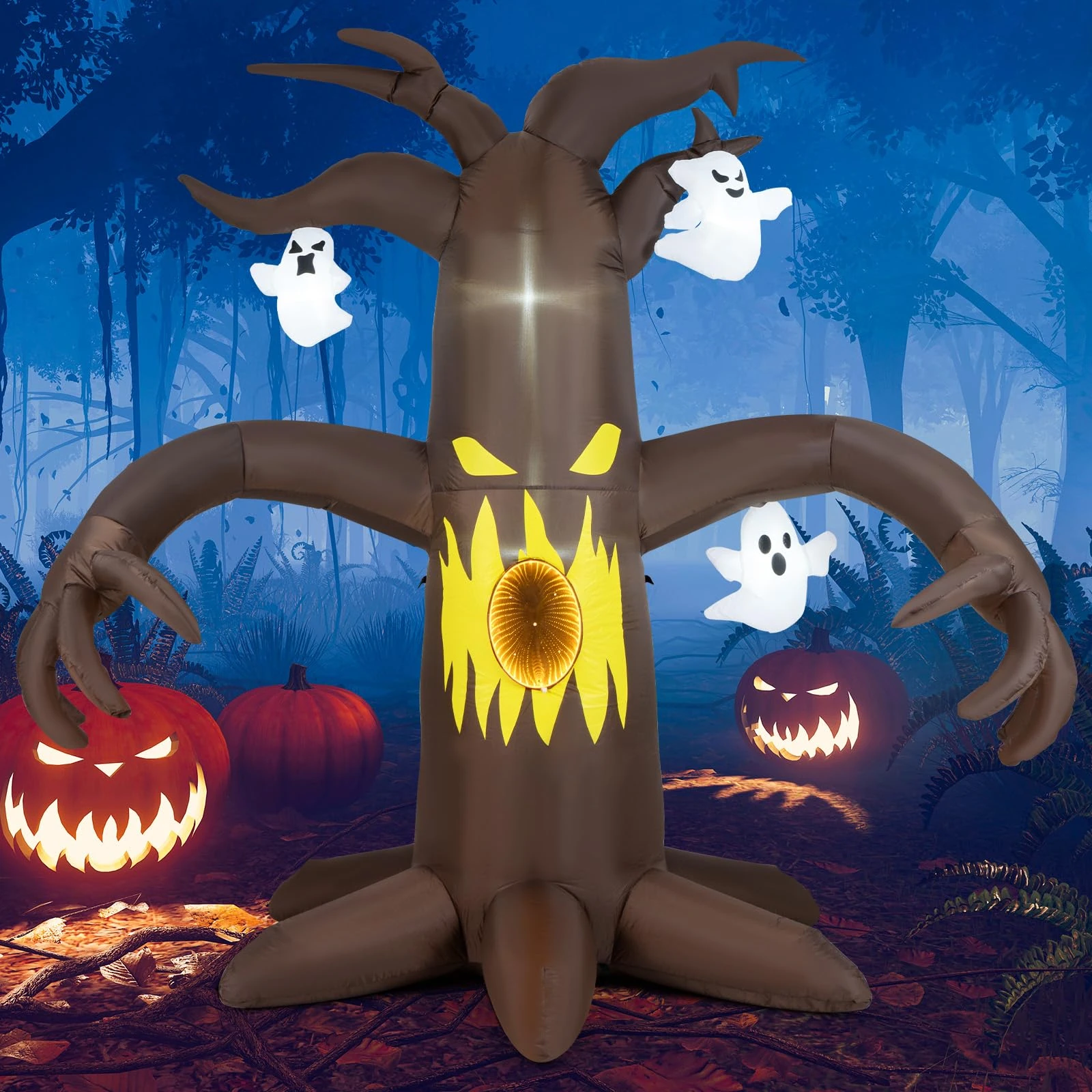 COSTWAY 6ft/7.8ft Halloween Inflatable Ghost Tree, Blow up Halloween Decoration with Built-in LED Lights, Outdoor Indoor Holiday Decorations for Home Yard Lawn Garden(Brown, 7.8ft)
