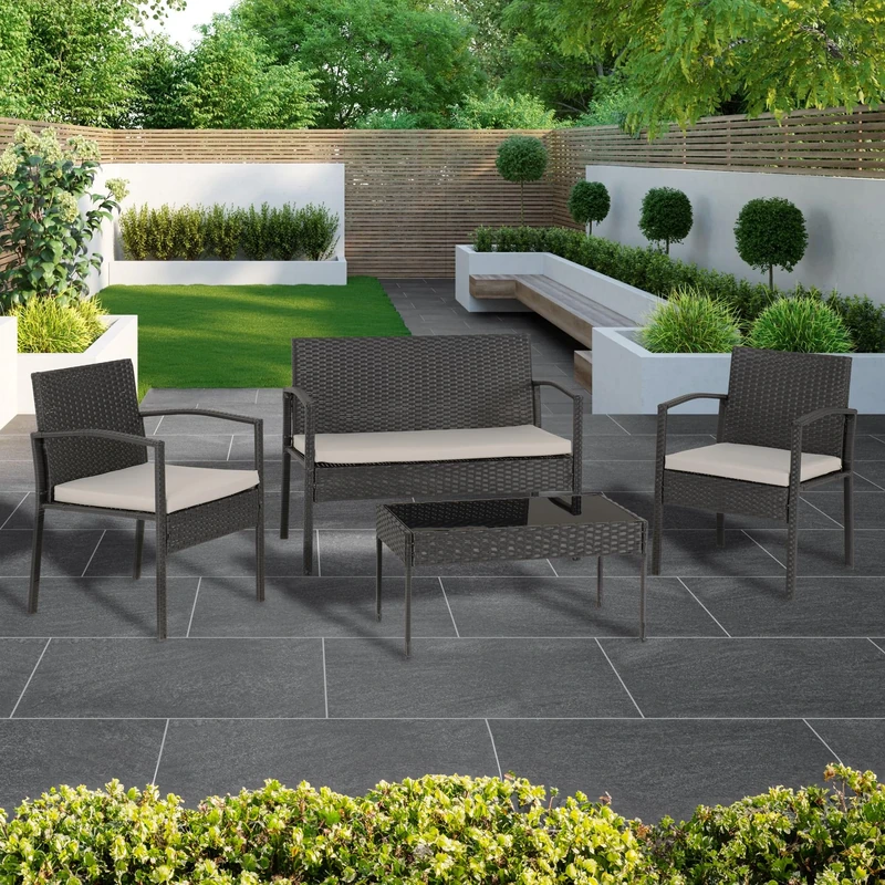 Seconique Cedar 4 Piece Garden Set in Black Rattan/Grey Fabric/Black Glass
