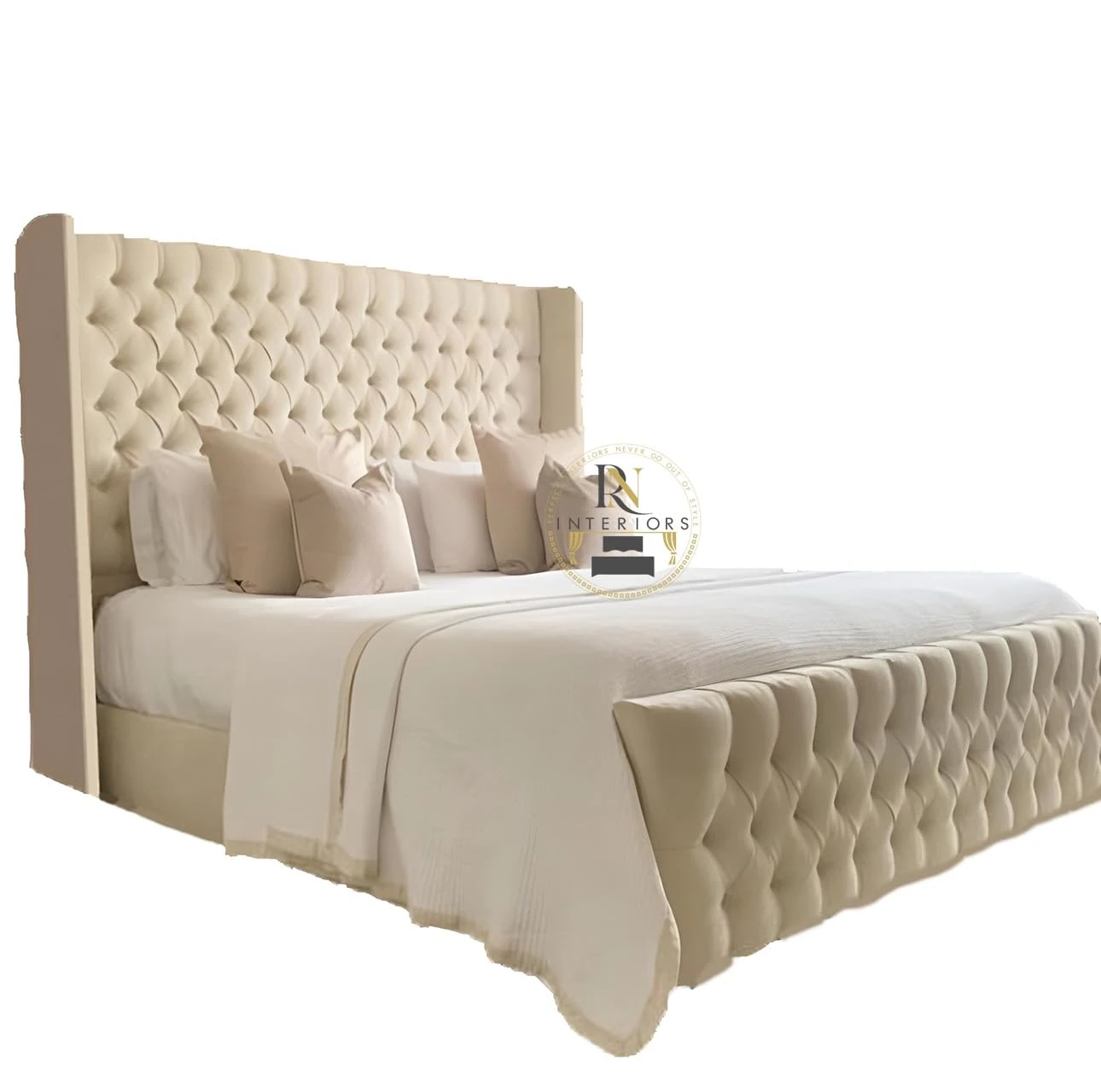 YB INTERIORS LTD 5FT King Size Sleigh Bed Frame in Plush Velvet Fabric - Cream Chesterfield With Wingback 125 cm High Headboard (Without Mattress or Storage)