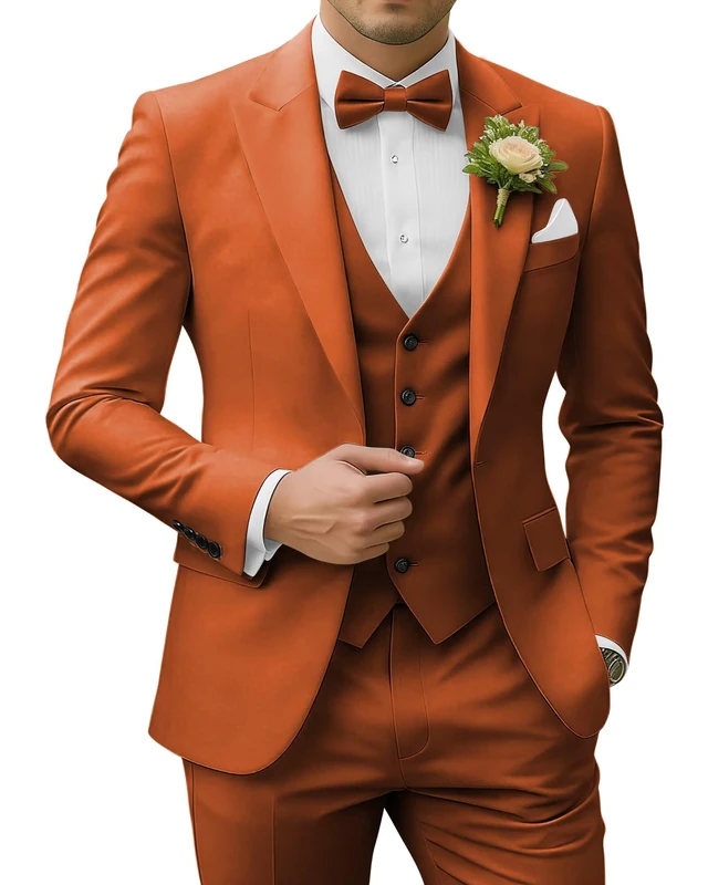 SPTALLFITJSV Men's 3 Piece Suits Slim Fit Peak Lapel 2 Button Blazer Jacket Vest Pants Set Wedding Business Prom Party Suit, Burnt Orange, S