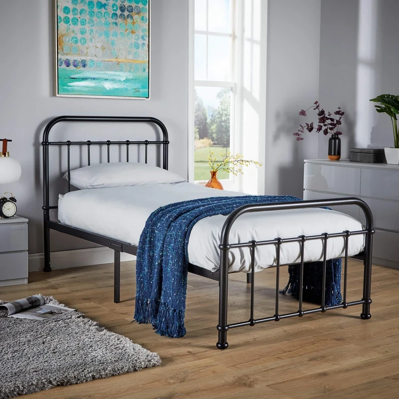 Home Source Black Metal Bed Frame, Platform Design with Headboard and Footboard, Hospital Style, Solid Bar Slats, 3ft Single