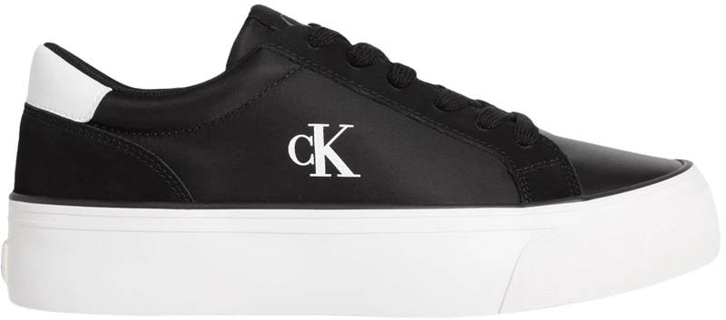 Calvin Klein Women’s Nylon Mix Logo Flatform Vulcanised Trainers, Black (Black/Bright White), 5