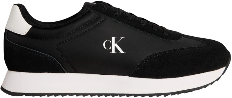 Calvin Klein Men’s Retro Leather Lace-up Runner Trainers, Black (Black/Bright White), 11