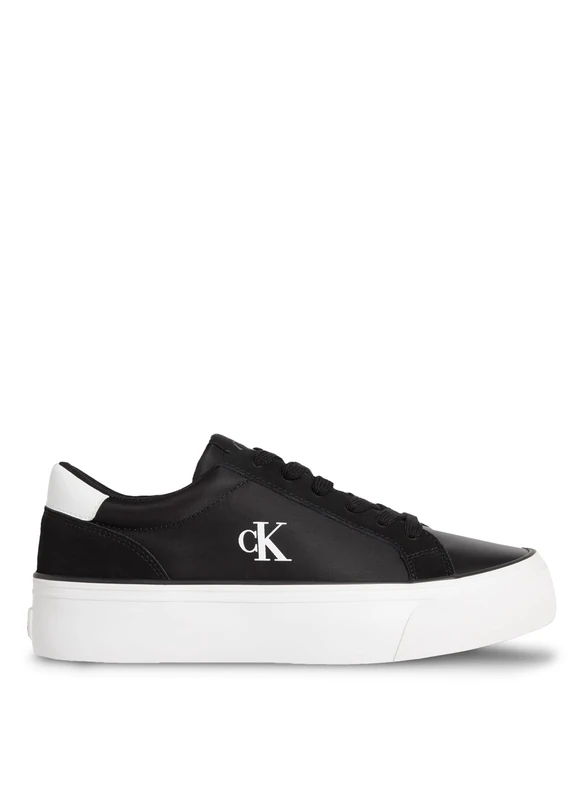 Calvin Klein Women’s Nylon Mix Logo Flatform Vulcanised Trainers, Black (Black/Bright White), 7
