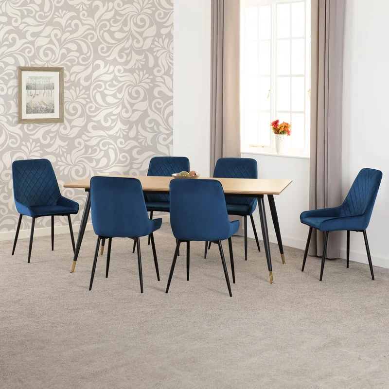 Seconique Hamilton Large Dining Set with Avery Chairs in Medium Oak Effect/Black/Sapphire Blue Velvet