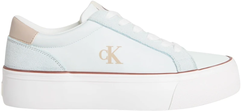 Calvin Klein Women’s Nylon Mix Logo Flatform Vulcanised Trainers, White (Billowing Sail/Oxford Tan), 6
