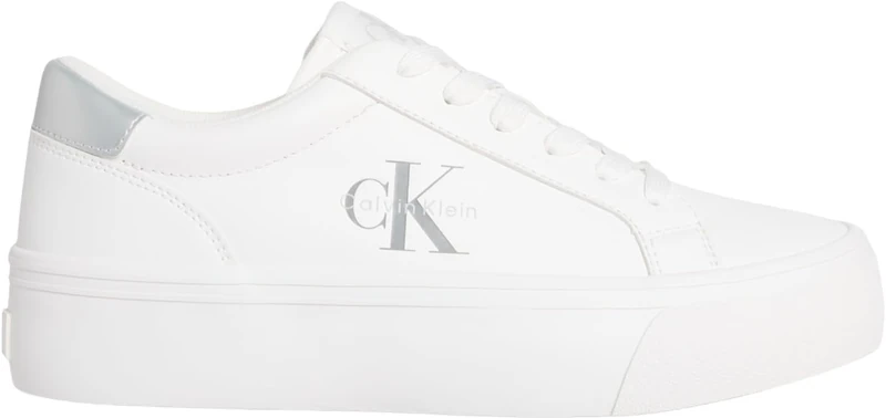 Calvin Klein Women’s Silver Logo Tag Vulcanised Trainers, White (Bright White/Silver), 8