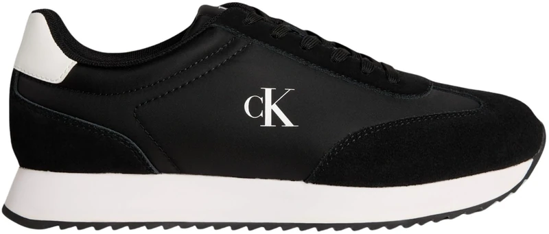 Calvin Klein Men’s Retro Leather Lace-up Runner Trainers, Black (Black/Bright White), 10
